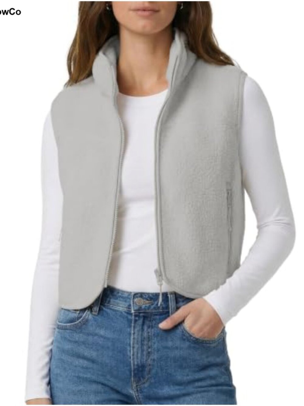 Cropped Fleece Vest Zip Up Stand Collar Sherpa Sleeveless Waistcoat with Pocket